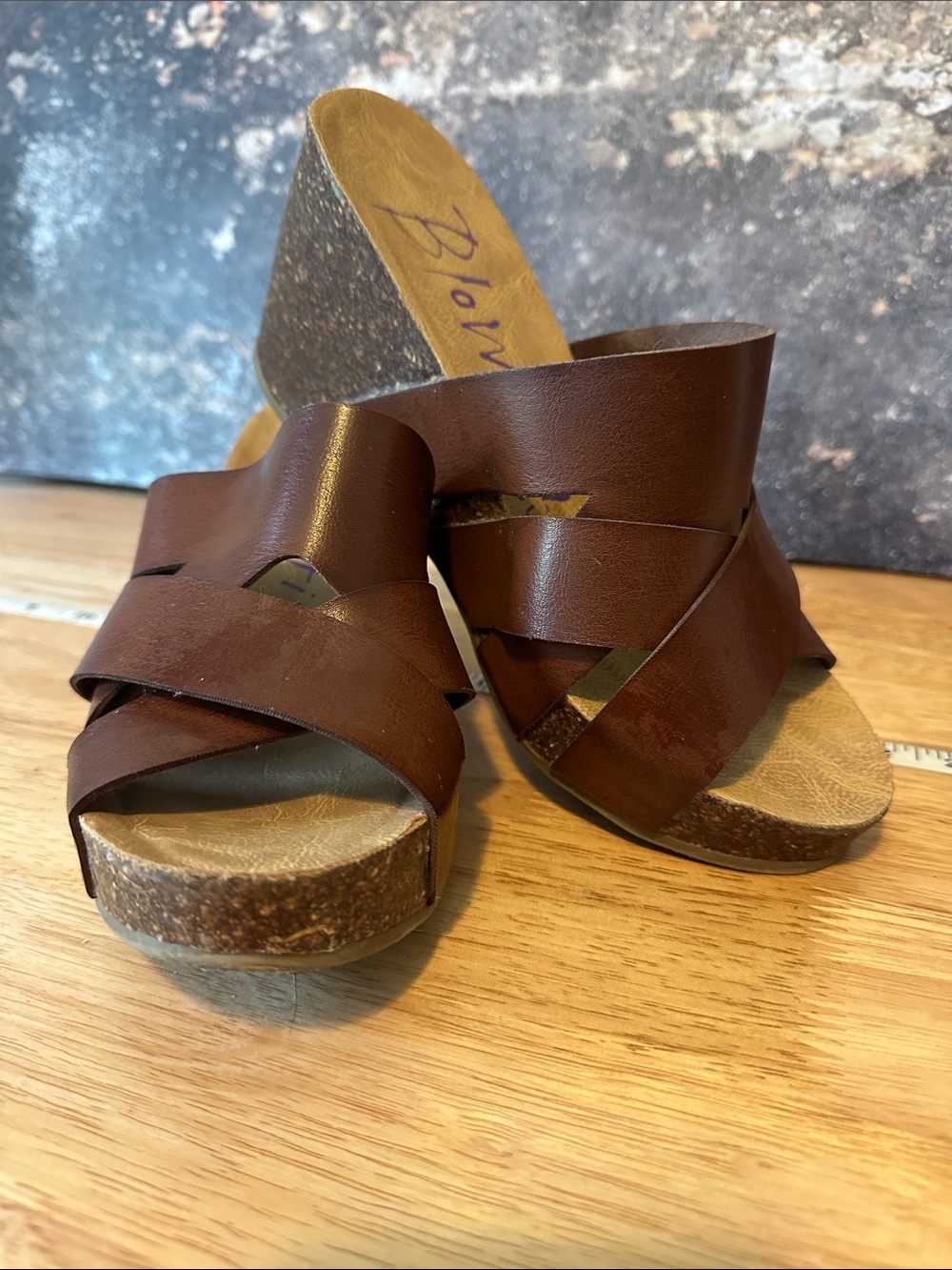 Blowfish Malibu Brown FAUX Leather Cork Wedge Slide Sandals